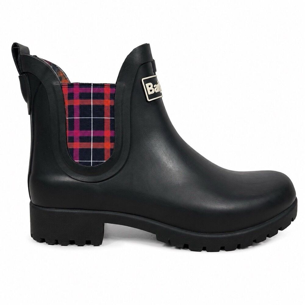 Barbour Wilton Women’s Size 5 UK 3 Black Pink Tartan Chelsea Rain Boots